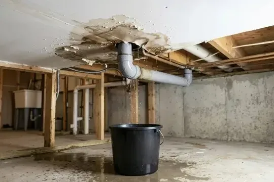 Ceiling opened around a drain pipe with a bucket on the floor beneath it
