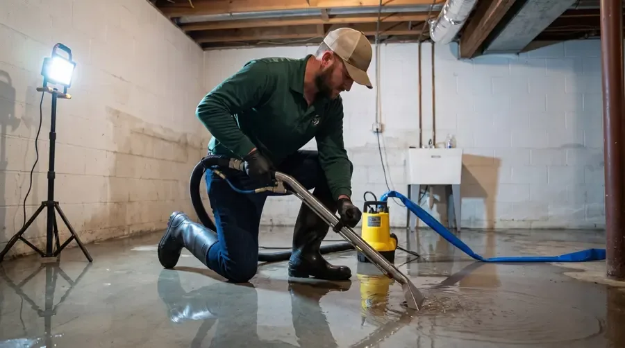 Restoration crew member kneeling with an extraction wand pulling standing water off a finished basement floor