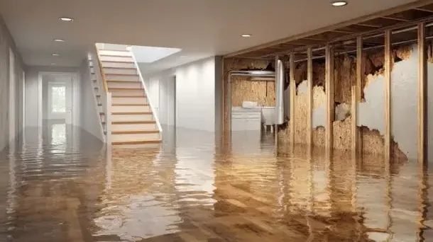 Water spread across the floor of a finished basement unit with wet drywall along the walls