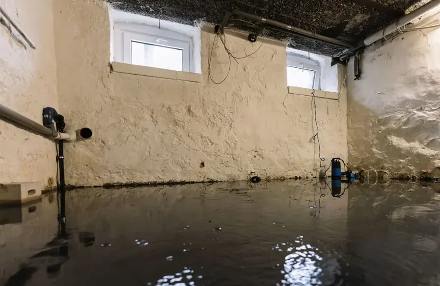 Standing water spread across an older basement floor beside a stone foundation wall