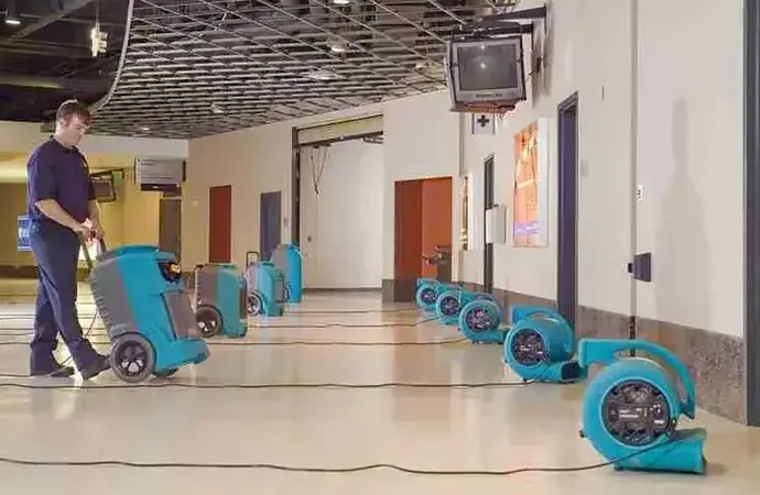 Air movers and a dehumidifier drying the carpet of a long commercial corridor