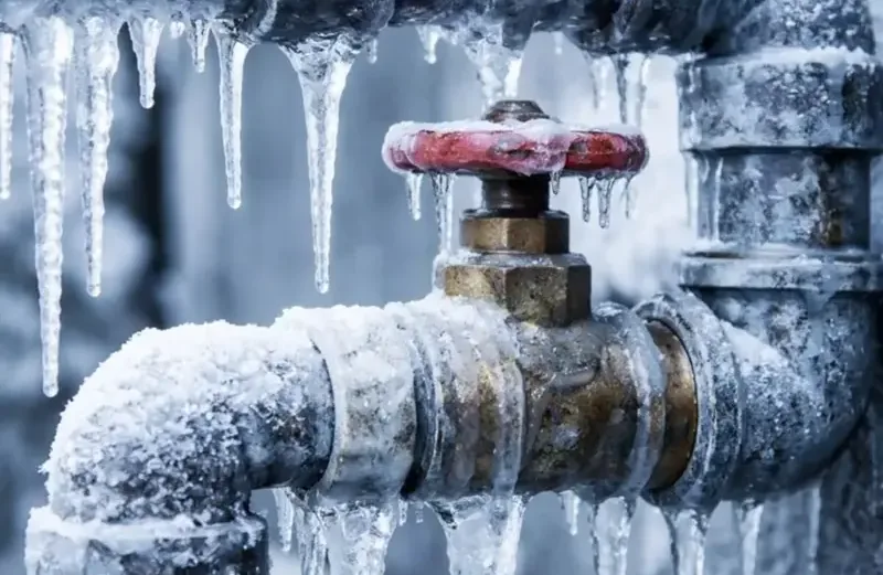 Ice and icicles coating frozen water pipes and a shutoff valve