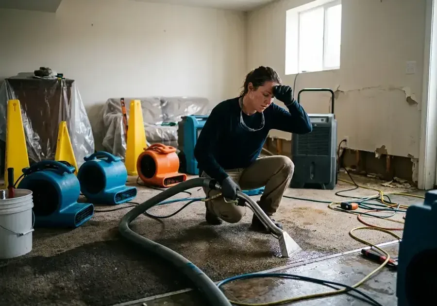 An extraction wand pulling water out of soaked carpet with air movers set up behind it