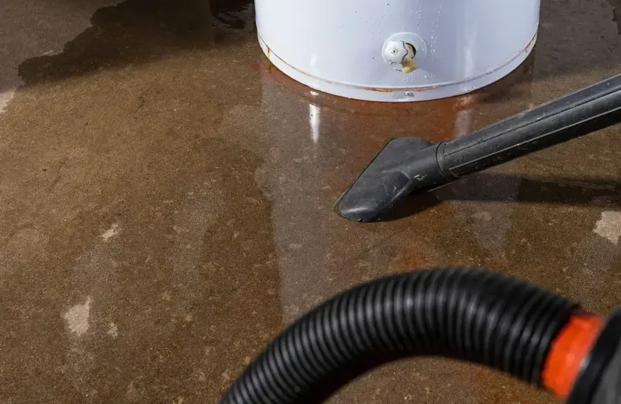 An extraction wand removing water from the floor around a leaking tank water heater